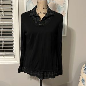 Anthropologie black and grey Plaid collared shirt crew neck long sleeve sweater